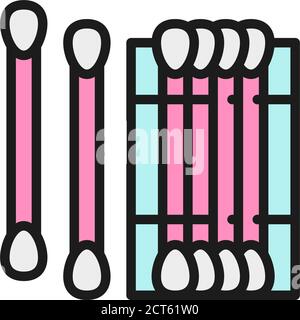 Bastoncini di cotone vettoriali per orecchie, bastoncini con una linea di colore piatto. Disegno dell'illustrazione del simbolo e del segno. Isolato su sfondo bianco Illustrazione Vettoriale