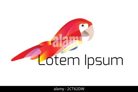Logo con illustrazione stilizzata di un pappagallo con coda multicolore e posto per i titoli. Elemento vettoriale per le licenze e il progetto Illustrazione Vettoriale