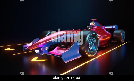 Auto da corsa che accelera. L'auto senza marchio è stata progettata e modellata da me. Illustrazione 3D Foto Stock
