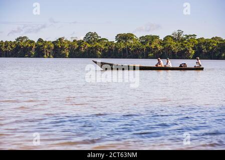 Gita in canoa sul lago Sandoval, la riserva nazionale di Tambopata, la giungla amazzonica del Perù, Sud America Foto Stock