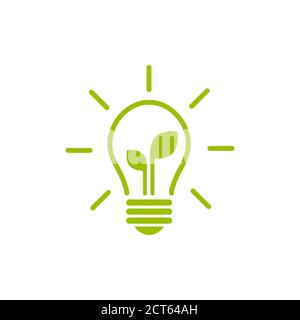 Contorno verde di lampadina elettrica brillante con foglia verde. Isolato su bianco. Icona contorno piatto. Illustrazione vettoriale. Diventa verde. Eco-friendly. Mondo Illustrazione Vettoriale