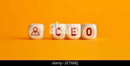 La parola CEO Chief Executive Officer su cubi di legno su sfondo giallo. Capo, leader, leadership o posizione di top management in un team o business c Foto Stock