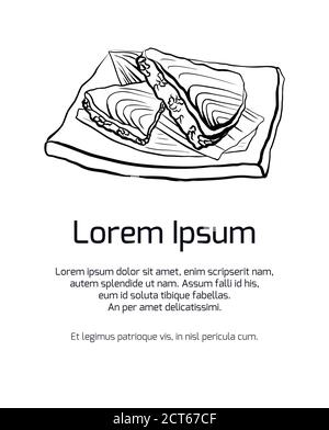 Banner verticale con illustrazione del contorno del cibo giapponese con riso e salmone sul piatto. Modello vettoriale per menu, schede, ricette e il tuo disegno. Illustrazione Vettoriale