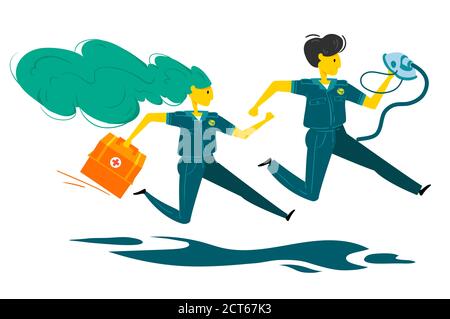 Due medici di emergenza si precipitarono a soccorrere. Medico in uniforme con scatola medica e medico con maschera di ossigeno . Disegno piatto vettoriale Illustrazione Vettoriale