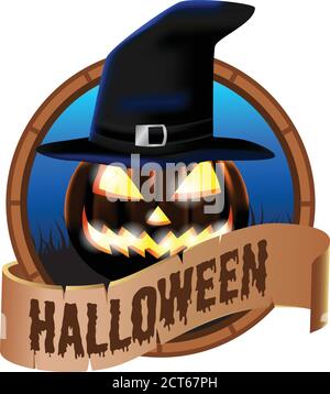 Emblema logo vintage icona illustrazione di halloween zucca jack o lanterna con cappello mago Illustrazione Vettoriale