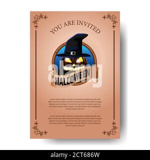 Invito al poster della festa di Halloween con illustrazione del jack con emblema icona o lanterna usare cappello mago Illustrazione Vettoriale