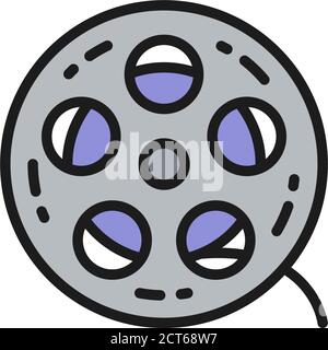 Bobina per film, bobina per cinema, icona della linea a colori piatta della striscia per pellicola. Illustrazione Vettoriale