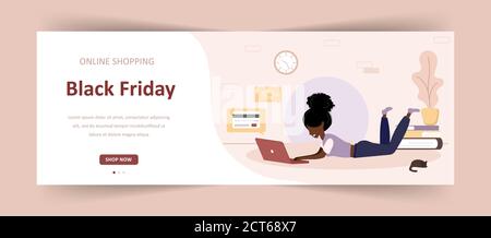 Offerta Black friday. Donna africana con negozio di computer portatile in un negozio online. Moderna illustrazione vettoriale in stile piatto. Banner Web per sconti commerciali. Illustrazione Vettoriale