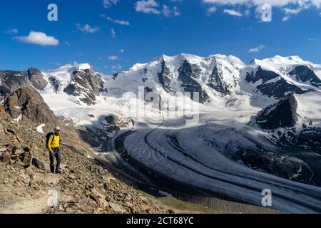 Piz Palü, der dreigipflige Piz und die ebenFalls dreigipflige Bellavista (von links). Davor der Persgletscher. Wanderer auf dem Weg zum Munt Foto Stock