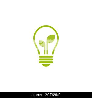 Contorno verde di lampadina elettrica brillante con foglia verde. Isolato su bianco. Icona contorno piatto. Illustrazione vettoriale. Diventa verde. Eco-friendly. Mondo Illustrazione Vettoriale