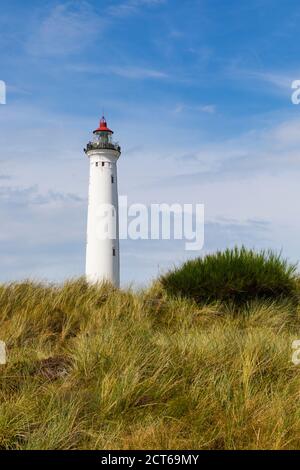 Faro nelle dune di Lyngvig, Jutland, costa danese del Mare del Nord Foto Stock
