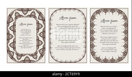 Set di modelli vintage con cornice hennè, modello mehendi e un luogo per il testo. Elemento vettoriale per inviti, menu, lettere di ringraziamento e voi Illustrazione Vettoriale