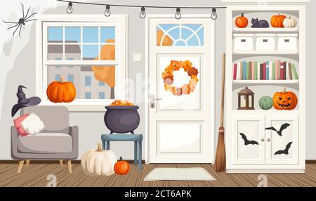 Illustrazione vettoriale del soggiorno d'autunno decorato per Halloween. Illustrazione Vettoriale