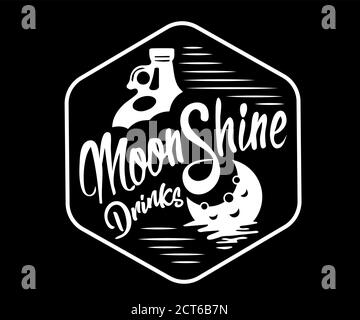 Design vintage di etichetta moonshine con elementi etnici in stile sottile, borbonico, moonshine e brandy. Logo o etichetta vintage in bianco e nero Illustrazione Vettoriale