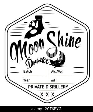 Design con etichetta vintage in moonshine con elementi etnici in linea sottile. Emblema dell'industria dell'alcol, attività di distillazione. Monocromatico, nero su bianco. Plac Illustrazione Vettoriale
