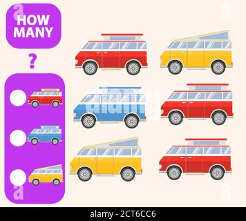 Contare quante auto gioco educativo. Sviluppo di attività matematiche del pensiero logico dei bambini. Illustrazione Vettoriale