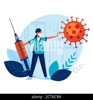 Medico con siringa grande e vaccino previene la diffusione di terribile coronavirus. Vaccinazione. La medicina protegge la popolazione da COVID-19 Illustrazione Vettoriale