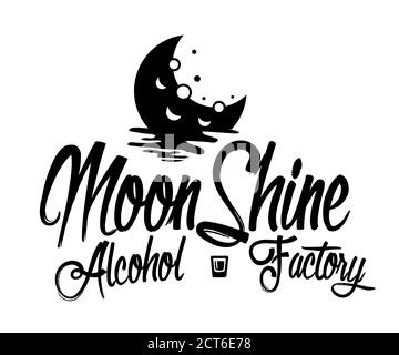 Design vintage di etichetta moonshine con elementi etnici in stile sottile, borbonico, moonshine e brandy. Logo o etichetta vintage in bianco e nero Illustrazione Vettoriale