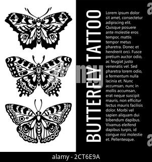 Set di sagome Butterfly . Farfalla tatuaggio. Farfalle tropicali. Simbolo mistico di bello. Può essere utilizzato per la progettazione di t-shirt, poster, tazza Illustrazione Vettoriale