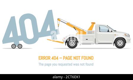404 pagina di errore non trovata design con il carrello di traino su sfondo bianco. Banner pagina Web, illustrazione del vettore dei messaggi dei risultati della ricerca. Illustrazione Vettoriale