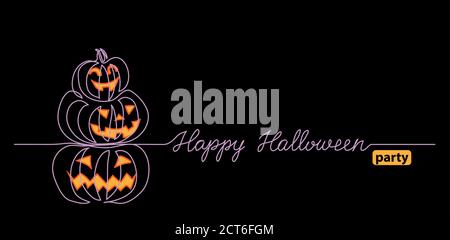 Halloween sfondo nero con pila di zucca. Un disegno a linea continua con il testo Happy Halloween party. Sfondo vettoriale nero, banner Web Illustrazione Vettoriale