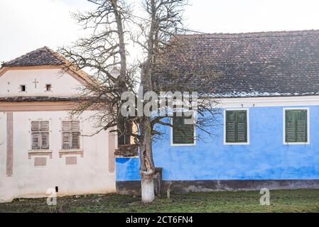 Case colorate a Viscri, Patrimonio dell'Umanità dell'UNESCO, Transilvania, Romania Foto Stock