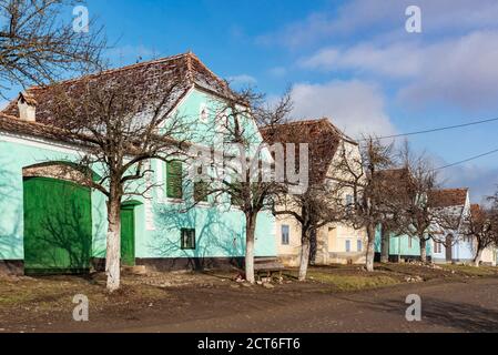 Case colorate a Viscri, Patrimonio dell'Umanità dell'UNESCO, Transilvania, Romania Foto Stock