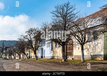 Case colorate a Viscri, Patrimonio dell'Umanità dell'UNESCO, Transilvania, Romania Foto Stock