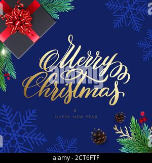 Buon Natale e felice anno nuovo card con un regalo e una scritta. Sfondo con decorazioni realistiche per le vacanze Illustrazione Vettoriale