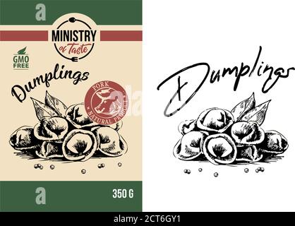 Illustrazione vettoriale di una serie di gnocchi. Immagine vintage disegnata a mano. Adatto per design logo, negozio, imballaggio, collezione vettoriale disegnata a mano. Illustrazione Vettoriale