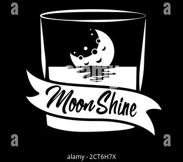 Design vintage di etichetta moonshine con elementi etnici in stile sottile, borbonico, moonshine e brandy. Logo o etichetta vintage in bianco e nero Illustrazione Vettoriale