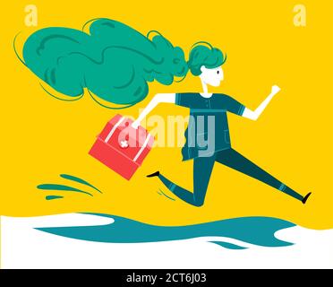 Medico di emergenza con scatola medica correre per il salvataggio. Il medico corre per salvare le persone. Illustrazione Mesical per banner. Immagine piatta vettoriale Illustrazione Vettoriale