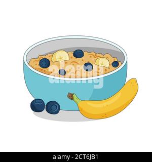 Porridge di farinata d'avena in una ciotola con banabas e mirtilli, colazione sana, illustrazione vettoriale. Illustrazione Vettoriale