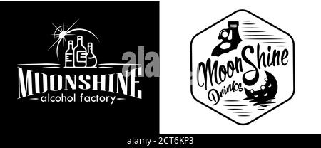 Design vintage di etichetta moonshine con elementi etnici in stile sottile, borbonico, moonshine e brandy. Logo o etichetta vintage in bianco e nero Illustrazione Vettoriale