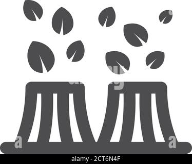 Centrale nucleare con icona delle foglie in stile a forma di profilo spesso. Illustrazione vettoriale in bianco e nero. Illustrazione Vettoriale