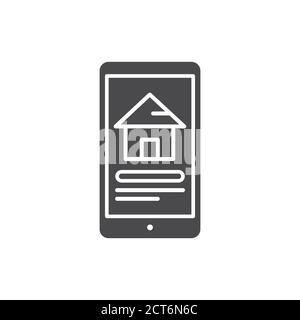 Prenotazione di casa su smartphone icona glifo nero. Pittogramma per pagina web, app mobile, promo. Elemento di progettazione GUI UI UX. Illustrazione Vettoriale