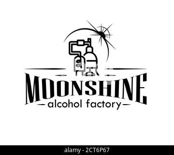 Design vintage di etichetta moonshine con elementi etnici in stile sottile, borbonico, moonshine e brandy. Logo o etichetta vintage in bianco e nero Illustrazione Vettoriale