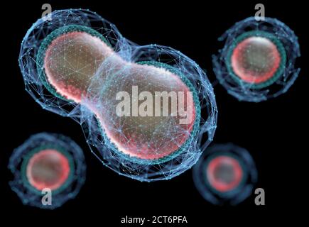 Biotecnologia o biotecnologia, concetto di creazione, divisione e sviluppo cellulare. Alta tecnologia organica con scopi produttivi. Foto Stock