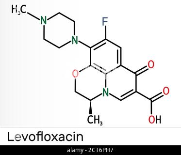 Levofloxacina, molecola di antibiotico fluorochinolone. È usato per trattare la sinusite batterica, la polmonite. Formula chimica scheletrica. Illustrazione Foto Stock