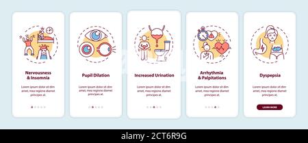 Sintomi di sovradosaggio di caffeina onboarding pagina app mobile con concetti Illustrazione Vettoriale