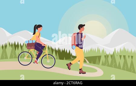 Illustrazione vettoriale escursione in montagna. Cartoon viaggiatore turistico piano persone che viaggiano insieme, girl personaggio equitazione bike, escursionista ragazzo escursioni sulla strada per le montagne all'orizzonte, outdoor turismo sfondo Illustrazione Vettoriale