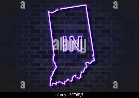 Indiana mappa lampada al neon incandescente o tubo di vetro su un muro di mattoni neri Illustrazione Vettoriale