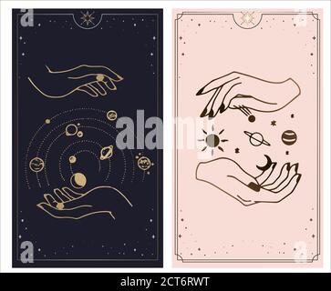 Le carte tarocchi COSMOS sono create dalle mani di Dio. Le mani sono impostate in un semplice stile Boho piatto esoterico. Collezione esoterica di loghi con vari symb Illustrazione Vettoriale