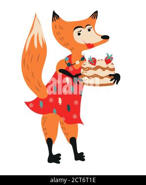 Natale e Capodanno inverno volpe con torta piatta vettore illustrazione isolato. Illustrazione Vettoriale