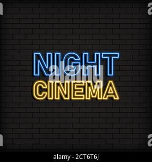 Icona al neon del cinema notturno. Concetto di cinema e intrattenimento, design pubblicitario. Cartello luminoso al neon notturno, cartellone colorato, striscione luminoso. Vettore attivo è Illustrazione Vettoriale