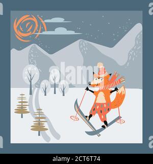 Carino volpe animale cartoon personaggio sci in montagna, piatta illustrazione vettoriale. Illustrazione Vettoriale