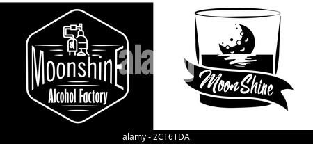 Design vintage di etichetta moonshine con elementi etnici in stile sottile, borbonico, moonshine e brandy. Logo o etichetta vintage in bianco e nero Illustrazione Vettoriale