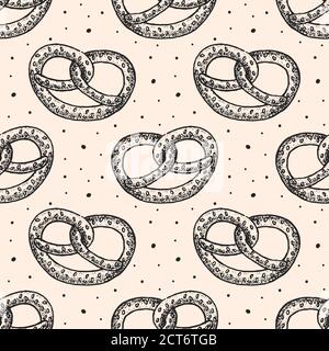 Pretzel. Snack, fast food. Oktoberfest monocromo senza cuciture pattern, texture, sfondo. Tradizione tedesca. Baviera. Bar, pub. Vettore. Illustrazione Vettoriale