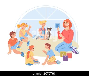 Gruppo di bambini asilo con lettere di apprendimento per insegnanti. Preschoolers alle lezioni. Illustrazione Vettoriale
