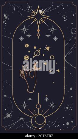 Le carte tarocchi COSMOS sono create dalle mani di Dio. Le mani sono impostate in un semplice stile Boho piatto esoterico. Collezione esoterica di loghi con vari symb Illustrazione Vettoriale